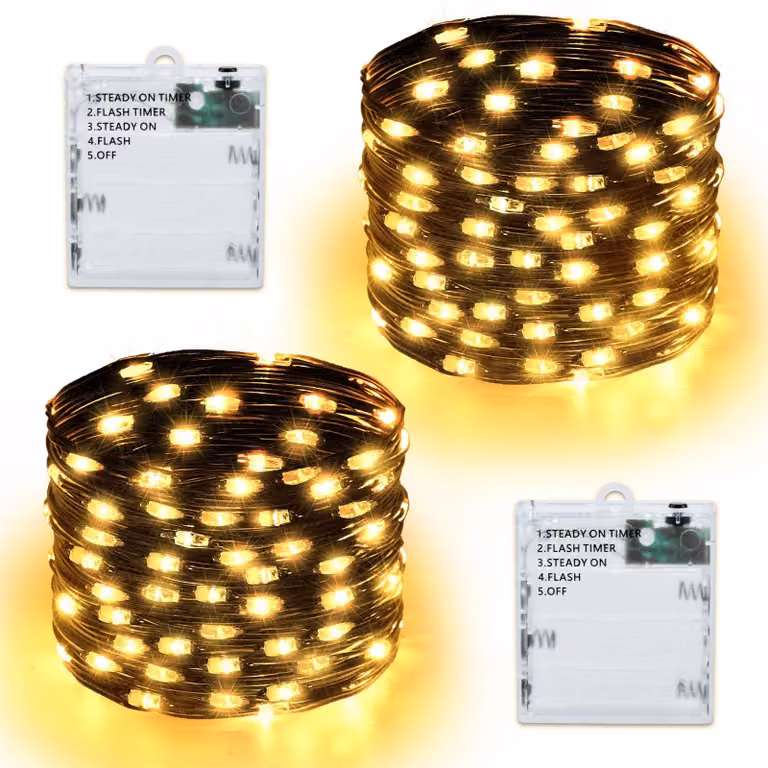 Set di 2 catene luminose LED, lunghezza 5 metri, 50 LED bianco caldo, alimentazione a batteria, con timer