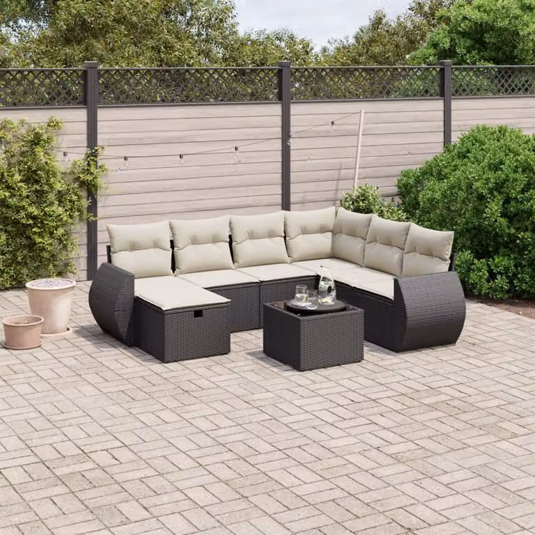 vidaXL Set Divani da Giardino a L con Cuscini 8 pz Nero in Polyrattan e Acciaio