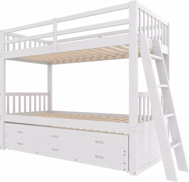 Letto a Castello per Bambini 90x200 cm in Legno di Pino e MDF Bianco con Scaletta, Letto Estraibile e 3 Cassetti