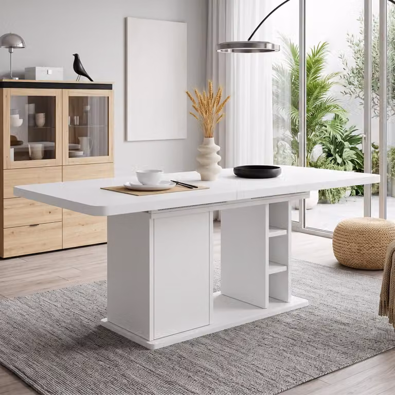 Tavolo da pranzo estendibile con spazio contenitore, piano spesso, adatto per 6-8 persone, tavolo da pranzo, tavolo da cucina, 140-180 cm, bianco