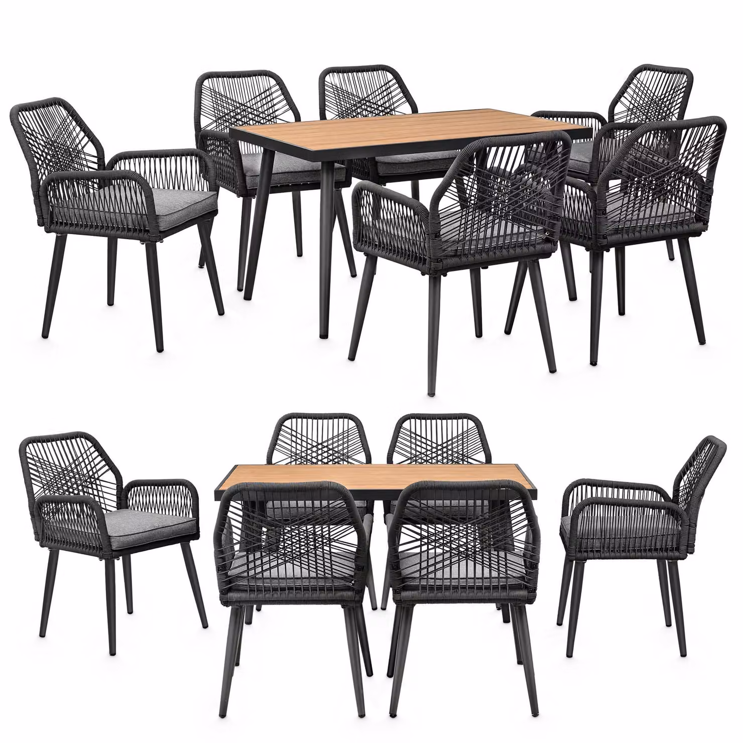 Gruppo da giardino con tavolo e 6 sedie - resistente alle intemperie - rete in corda - tavolo da pranzo in WPC - cuscini di seduta - gruppo da pranzo per esterni - antracite/grigio