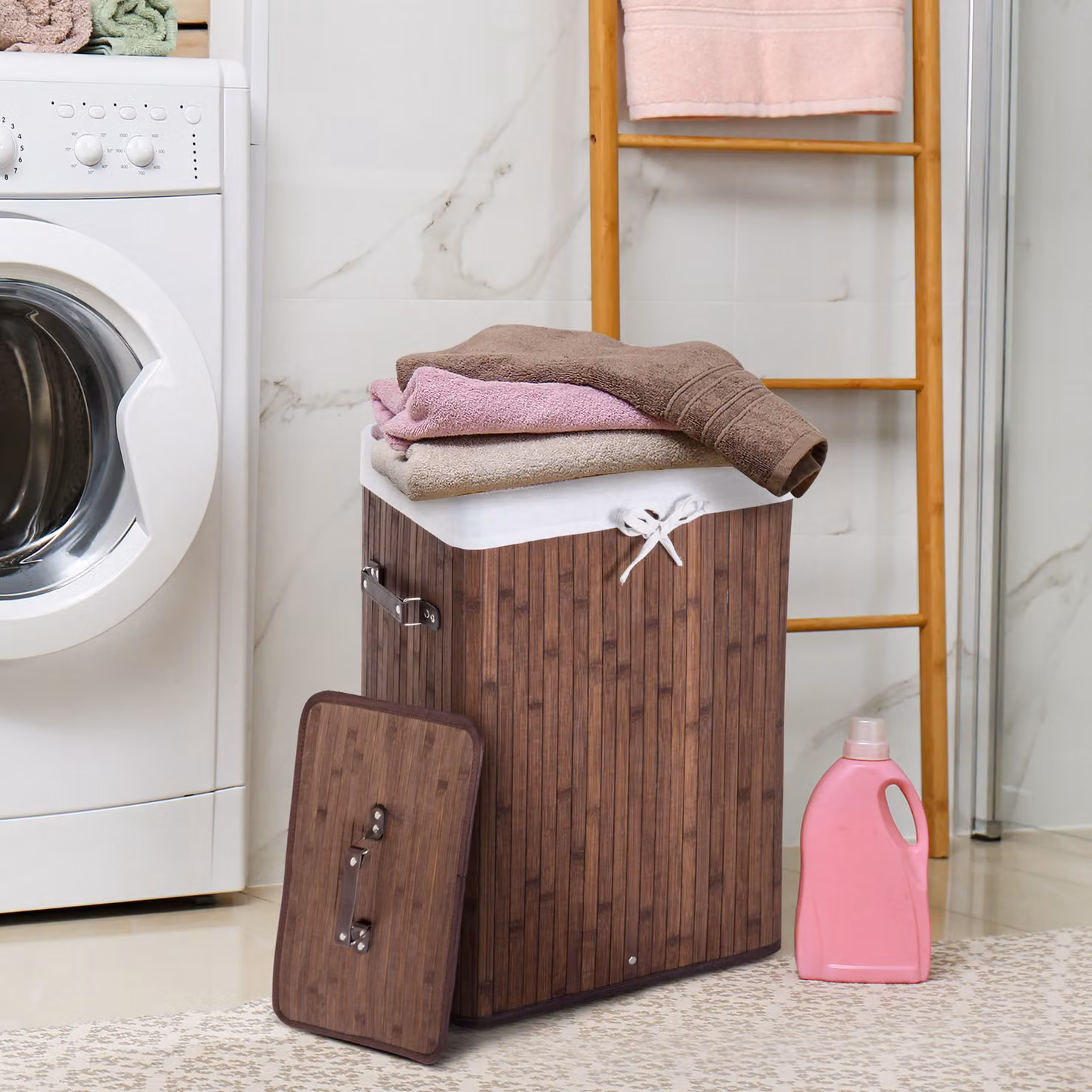 Cesto Portabiancheria HOMCOM in Bambù Marrone con Coperchio e Sacco in Tessuto Rimovibile L/P/H: 40 x 30 x 60 cm – 2