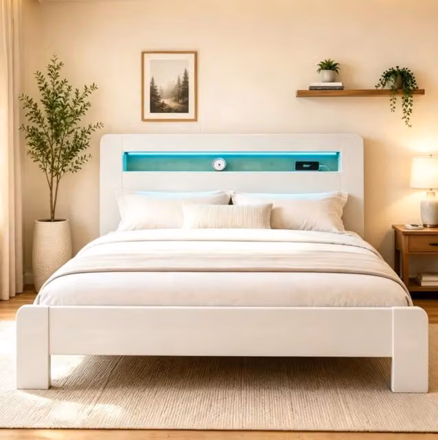 Letto in legno 180 x 200 cm con testiera portaoggetti; LED e prese integrate; bianco