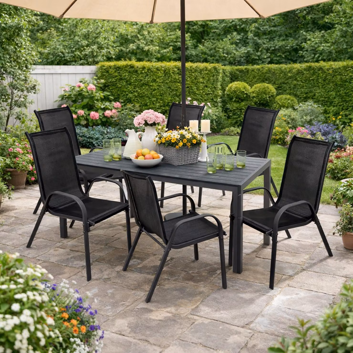 Set da giardino 7 pezzi 180x90 cm alluminio Non-Wood antracite/nero