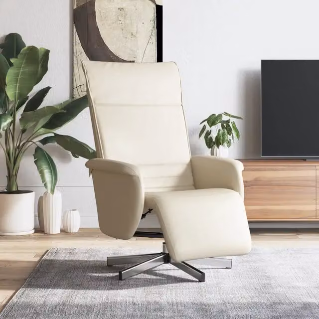 Poltrona Reclinabile con Poggiapiedi e Sedia Relax in Similpelle Beige con Base Girevole 360 Design Moderno