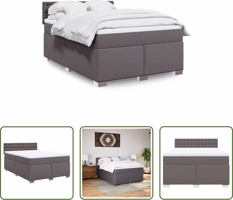 The Living Store Letto a molle con materasso grigio 140x200 cm in Pelle finta