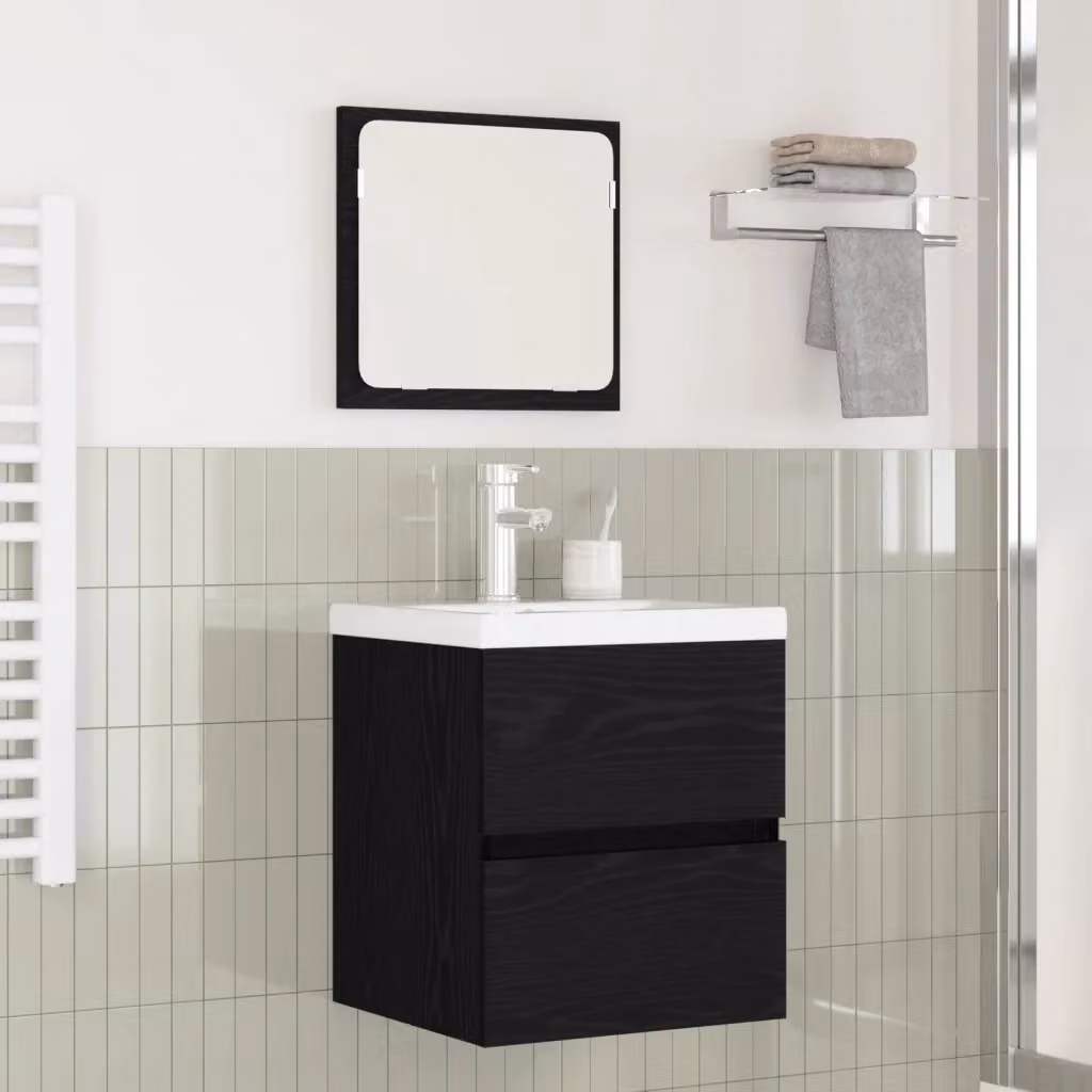 Set di mobili per il bagno moderno composto da mobile lavabo e armadietto specchio in finitura rovere nero e bianco, sospesi a parete, L/P/H: 76,7 x 45 x 42 cm – 2