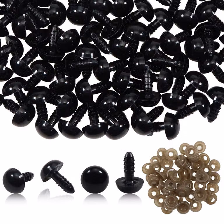 50 occhi di sicurezza neri da 12 mm con rondelle, adatti per bambole