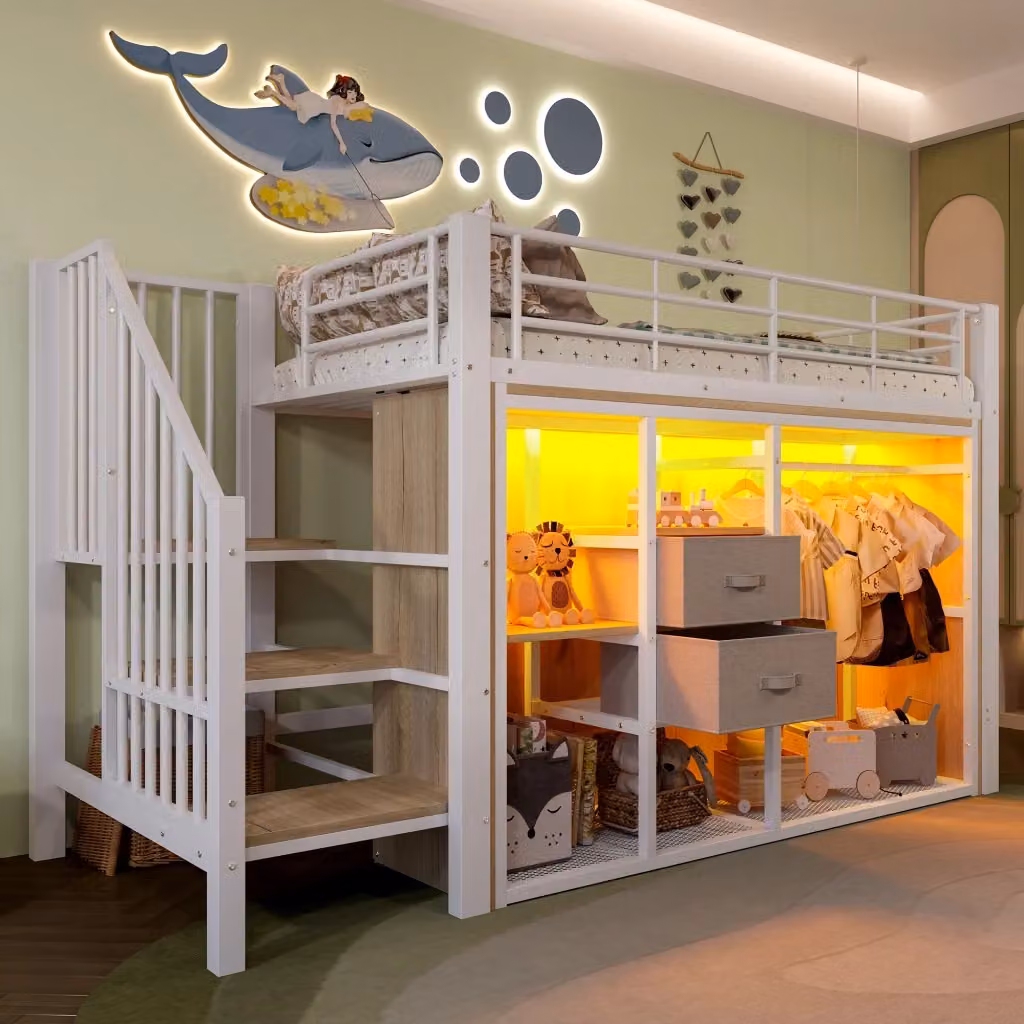 Letto a soppalco singolo bianco con 2 cassetti, guardaroba aperto, ripiani e illuminazione LED, L/P/H: 90 x 200 x 255 cm – 2