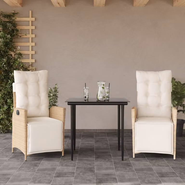 Set da Pranzo da Giardino 3 pz vidaXL in Polyrattan con Cuscini Beige e Tavolo in Vetro