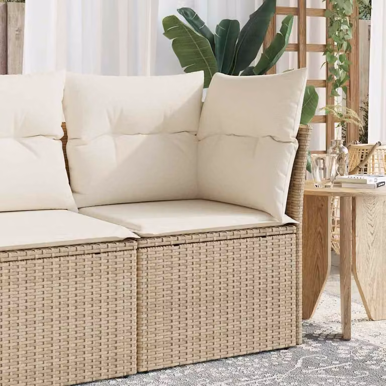 vidaXL Divano Angolare da Giardino in Polyrattan con Cuscini Beige e Struttura in Metallo