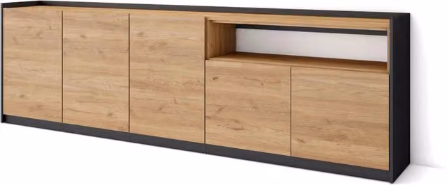 Credenza, Mobile, Cucina, 260x80x37 cm, 5 Porte, grande stoccaggio, Rovere e nero