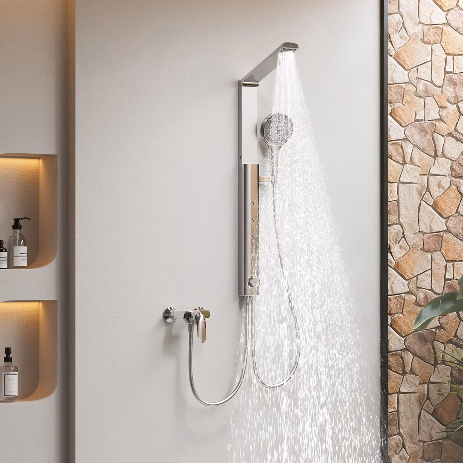 Set doccia a pioggia HOROW cromato, set doccia con 4 modalità di massaggio, set doccia pieghevole, regolabile in altezza, senza rubinetteria, adatto anche per vasche da bagno