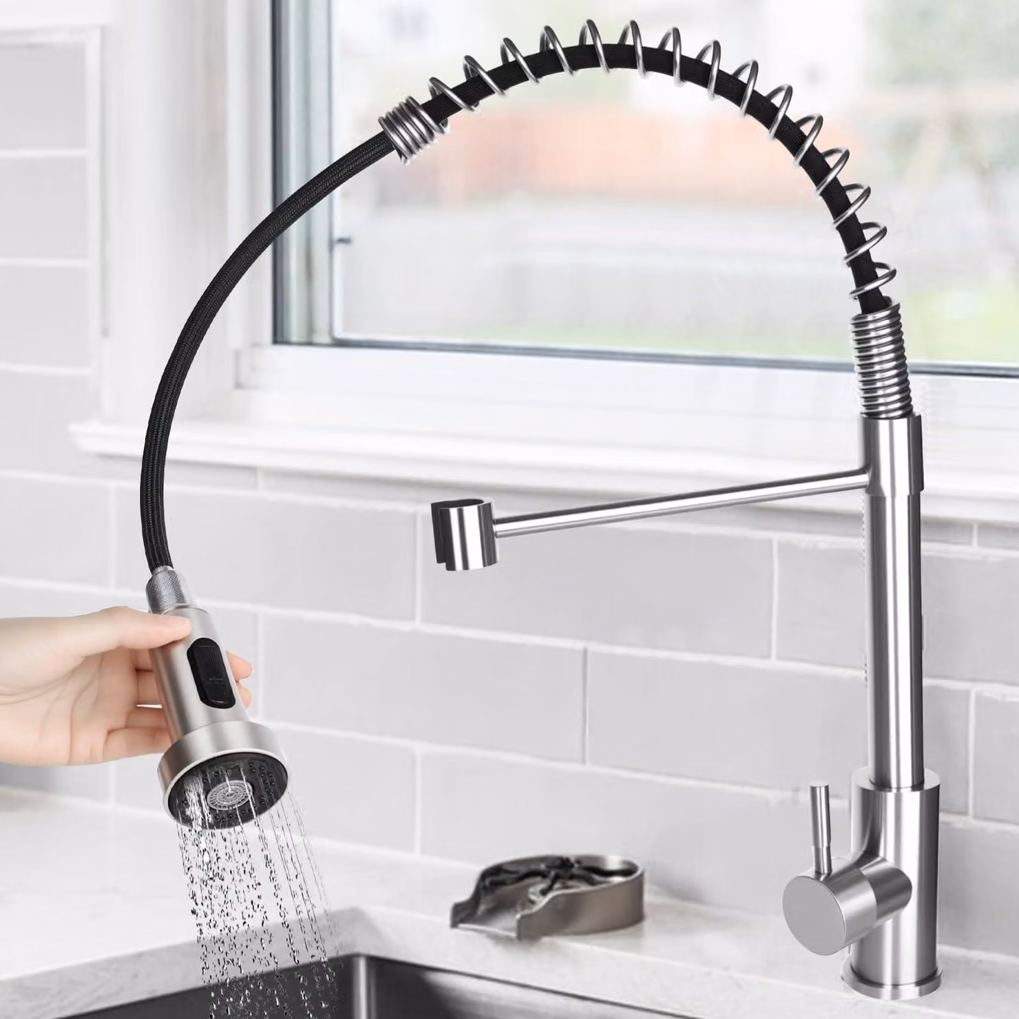 Miscelatore da cucina, estraibile, in acciaio inossidabile, per bassa pressione, girevole a 360 gradi, con 2 tipi di getto, ideale per la cucina