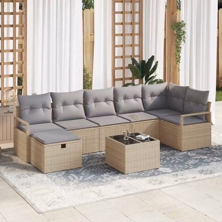 Set di divani da giardino vidaXL in rattan e metallo, 8 pezzi, Beige e Grigio Chiaro