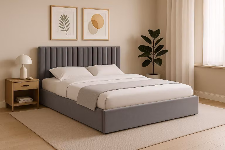 GUTTO Letto imbottito 140x200 Griglia a doghe in metallo Velluto grigio con contenitore e contenitore