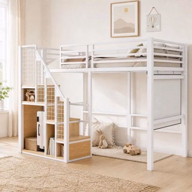 Letto singolo in metallo con scala; sponda alta; vano contenitore e barra appendiabiti; 90 x 200 cm; bianco