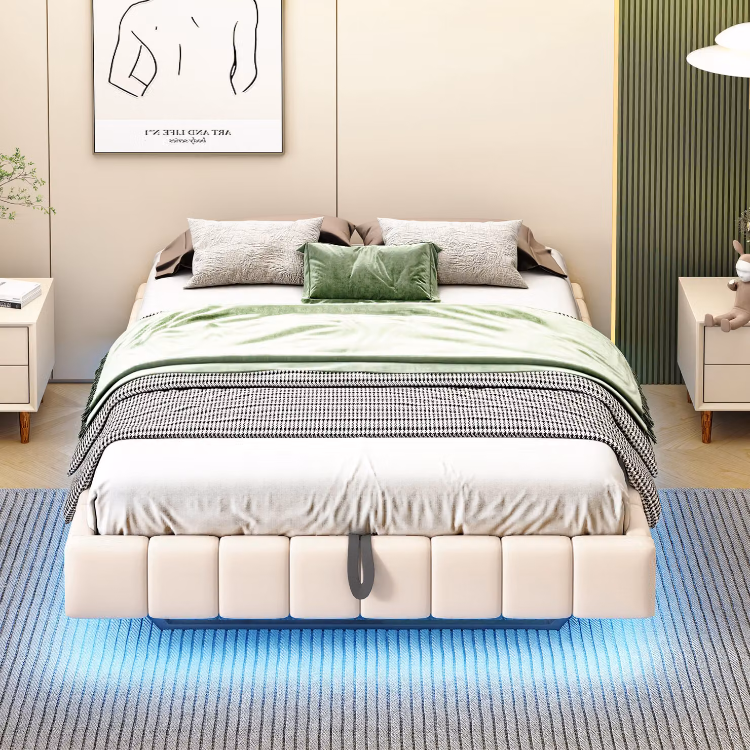 Letto imbottito STILVORA 140×200 con contenitore e rete a doghe, letto matrimoniale per ragazzi con luce a LED, struttura letto sospesa senza testiera, beige (senza materasso)