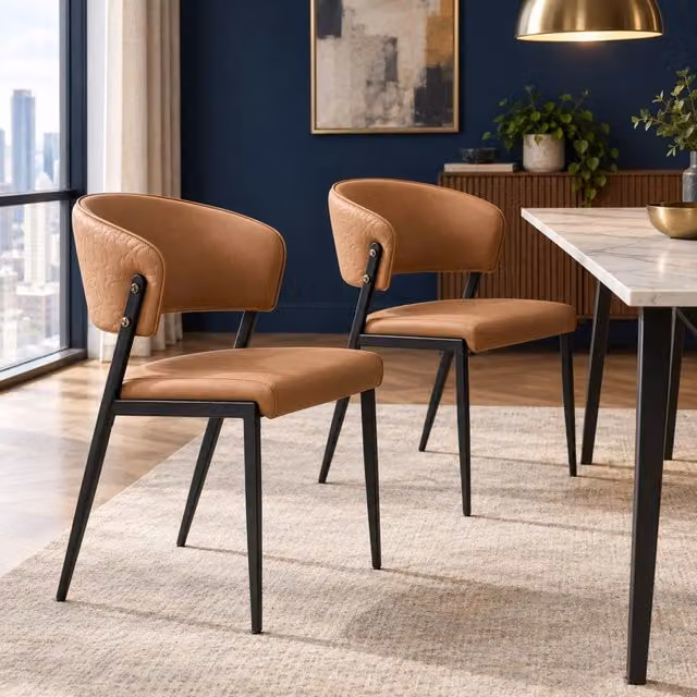 Sedia da pranzo moderna in similpelle marrone con schienale ergonomico e gambe in metallo HAVRYA