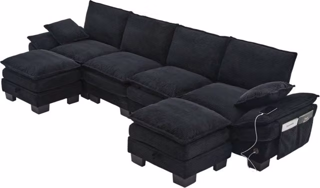 Divano modulare 4 posti 330x132x84 cm con 2 pouf e porta USB-C in velluto a coste nero