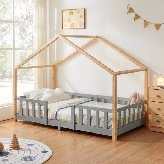 Letto per cameretta Treviolo en.casa a forma di casetta in stile Montessori, legno di pino, Grigio Chiaro/Naturale, L/P/H: 200 x 90 x 138 cm