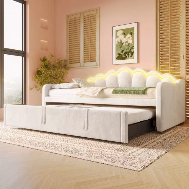 Letto pieghevole imbottito con illuminazione a LED 90x200 cm velluto beige