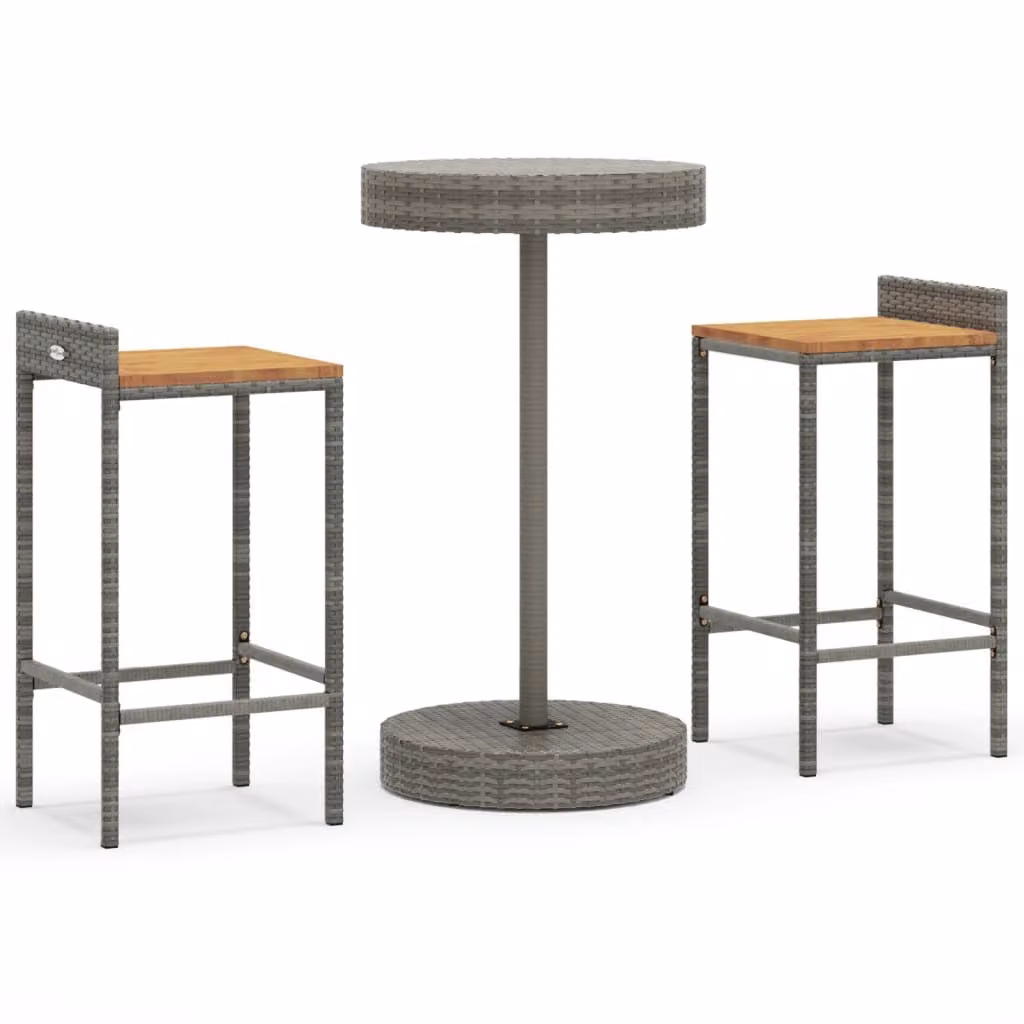 Set Bar Giardino 3pz Grigio Polyrattan e Legno Massello Acacia