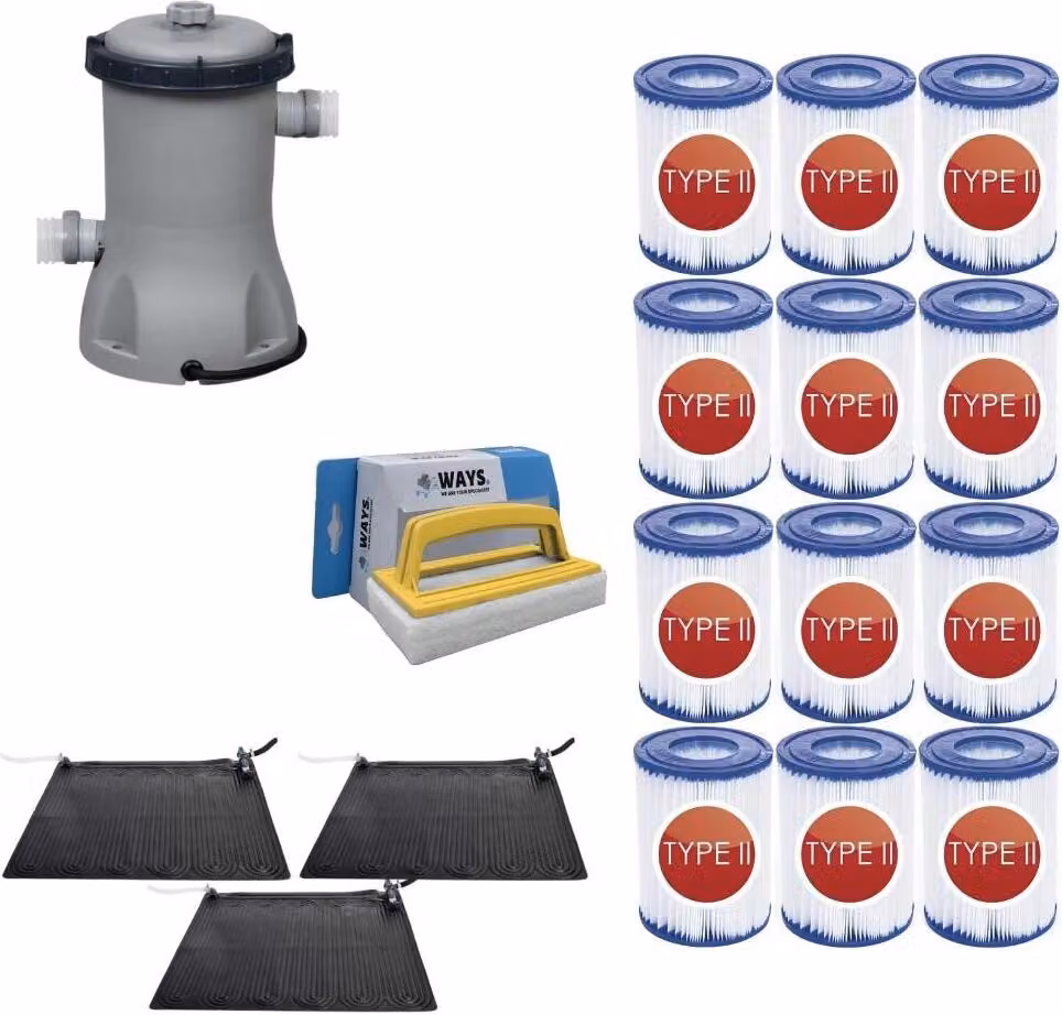 WAYS - Cura della piscina - 3x Solarmat & pompa filtro 2006 L/h & 12 filtri tipo II & spazzolone WAYS