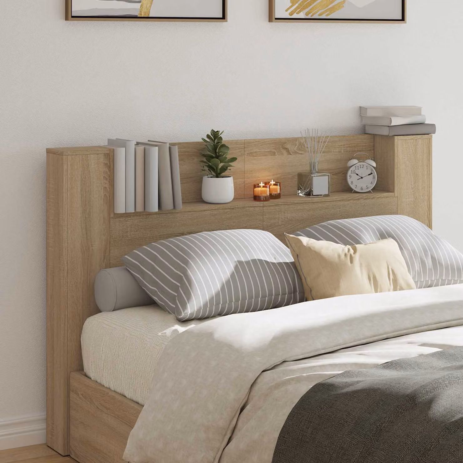 Testiera con stoccaggio e illuminazione LED vidaXL in Rovere Sonoma con ripiano integrato e porta USB, L: 160 cm, H: 103,5 cm, P: 16,5 cm