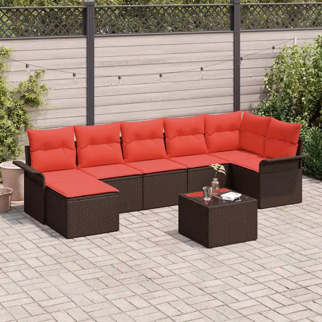 Set Divano da Giardino vidaXL 8 Pezzi a Forma di L con Tavolino e Ottoman, Colore Marrone e Rosso, Struttura in Metallo e Polyrattan con Cuscini Inclusi