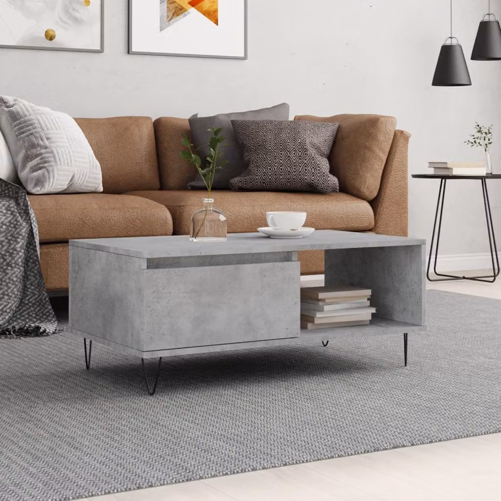 vidaXL Tavolino da salotto moderno in legno e metallo, colore grigio cemento, L 90 cm x P 50 cm x H 36,5 cm