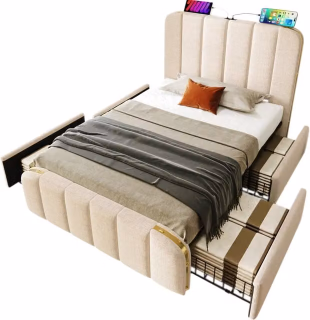 Letto singolo 90x200 in lino beige con 4 cassetti， USB-C e materasso