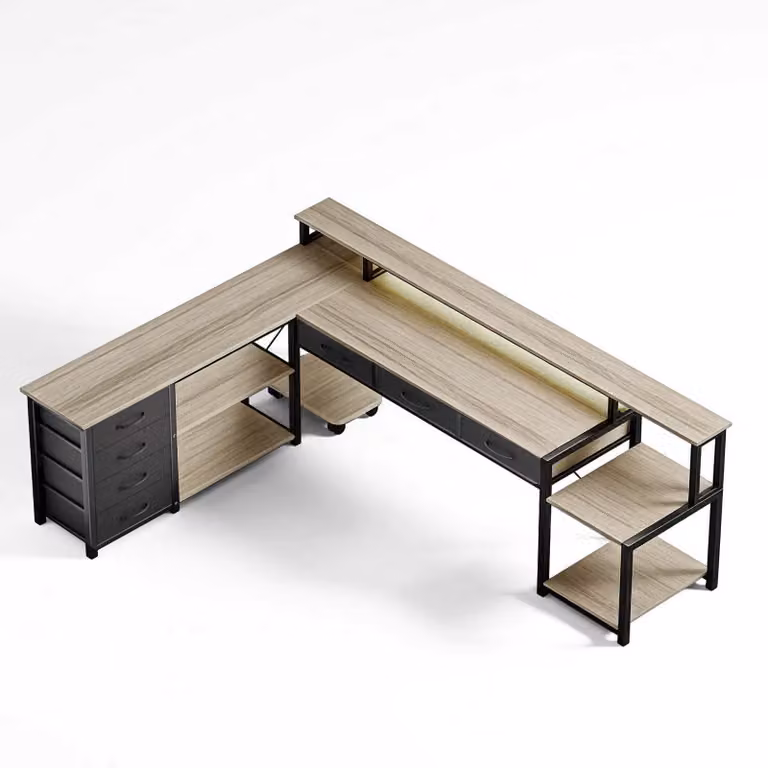 AIORBER Scrivania angolare a forma di L con cassetti, prese elettriche e USB, supporto per monitor, illuminazione a LED, reversibile 200×146 cm, beige