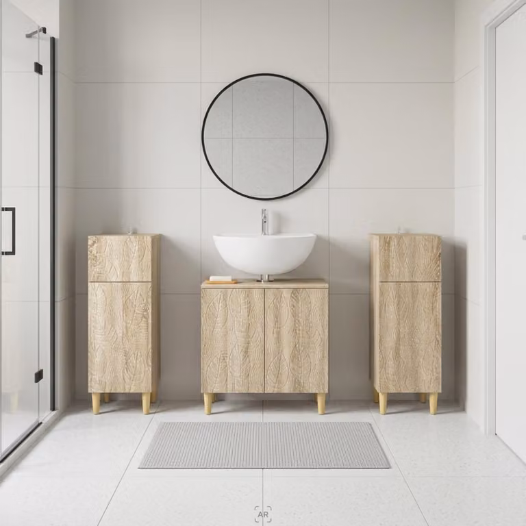 Set di armadietti da bagno vidaXL DELFT in 3 pezzi, Rovere Sonoma, marrone e beige, design minimalista con ante a cerniera, freestanding