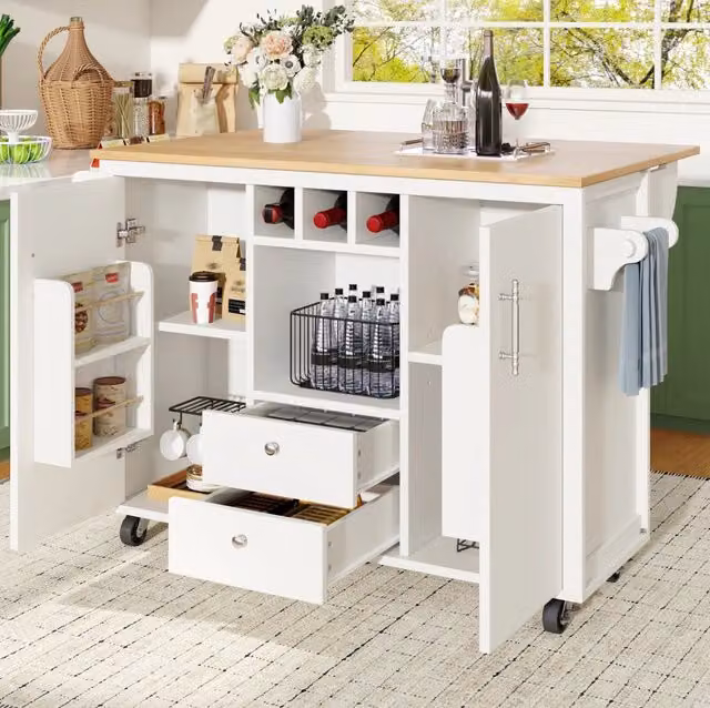 Isola da cucina 137.9x73x92 cm con piano pieghevole; ruote; MDF e metallo bianco