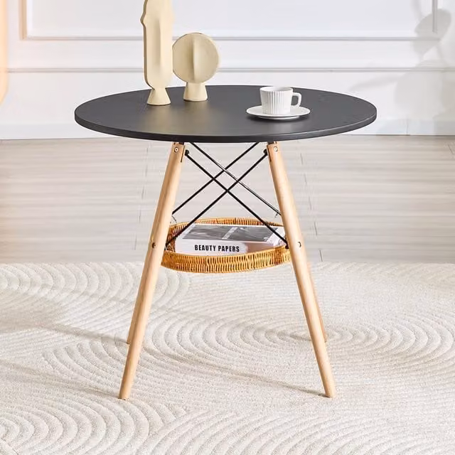 Tavolo da pranzo rotondo OKWISH in MDF e legno con ripiani portaoggetti, moderno, nero e marrone, Diametro: 80 cm