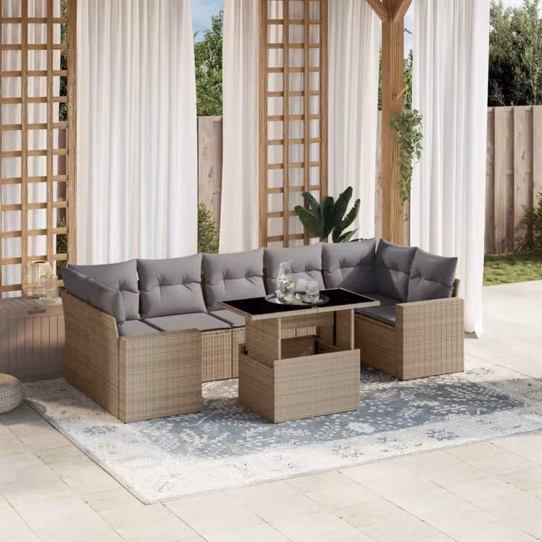 vidaXL Set Divano da Giardino 8 pz a Forma a L in Polyrattan con Cuscini Beige e Tavolino