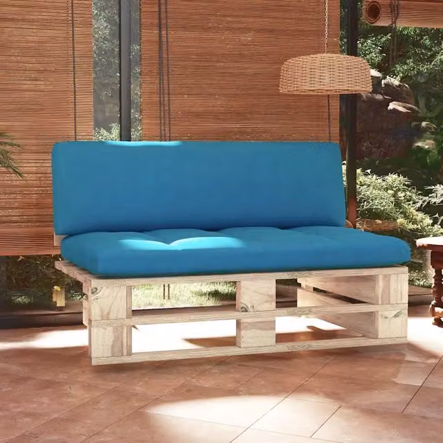 Divano centrale da giardino componibile in legno di pino impregnato con cuscini inclusi in blu o grigio – 1