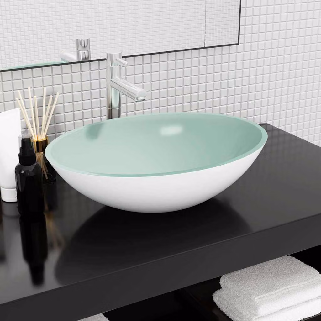 Lavandino da appoggio ovale in vetro bianco vidaXL L: 50 cm, P: 37 cm, H: 14 cm