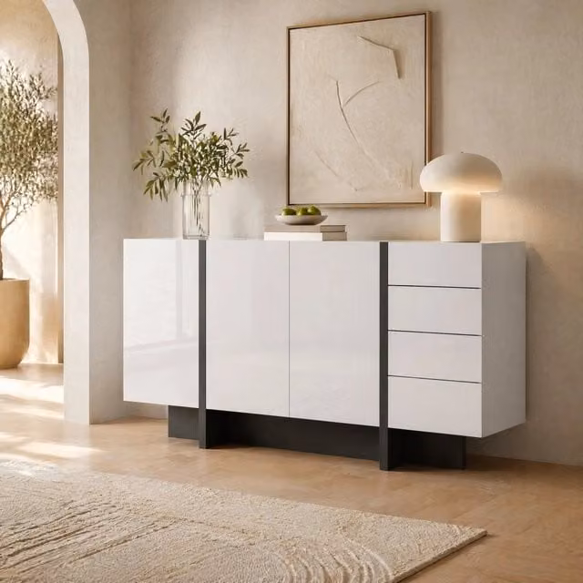 Sideboard moderno bianco lucido 150 cm con 2 ante e 4 cassetti; in MDF e truciolare; bianco nero