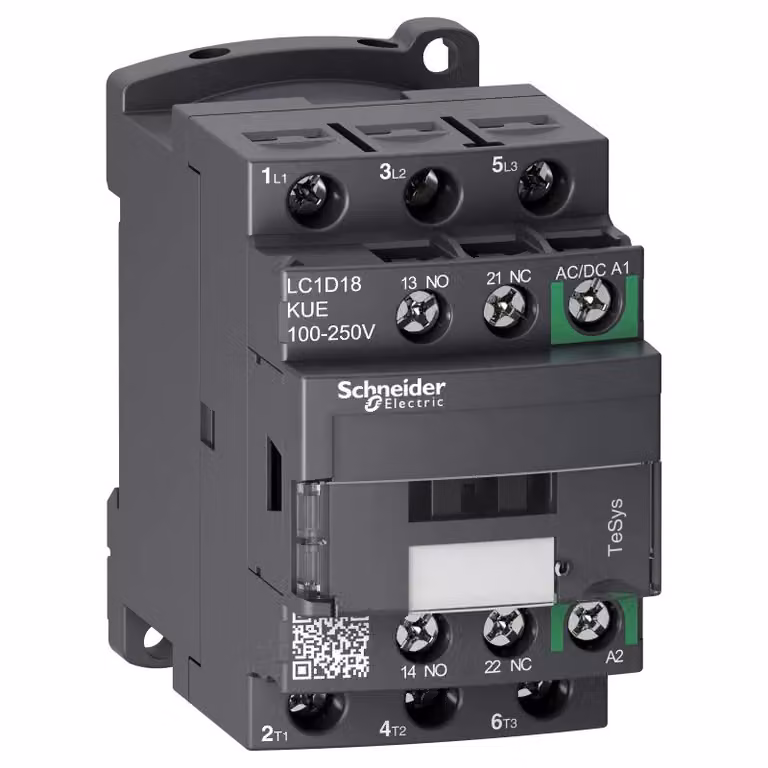 Schneider Electric Contattore LC1D 3 poli, +1S+1Ö, 7,5 kW, 18 A, 400 V AC3, bobina 100-250 V AC/DC LC1D18KUE
