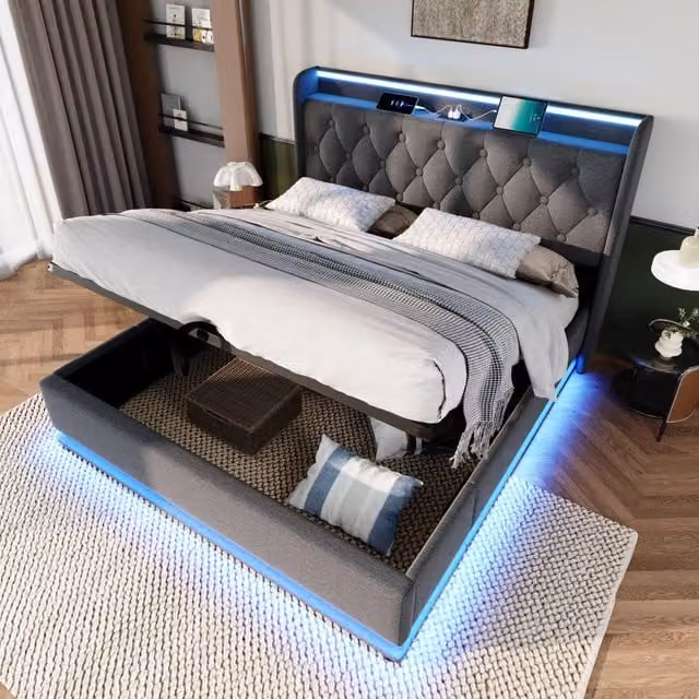 Letto imbottito con contenitore WISHDOR grigio con illuminazione LED, porte USB e Type-C e mensola integrata, L/P: 140 x 190 cm