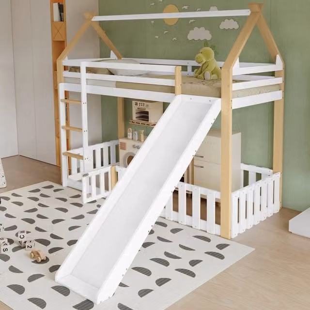 Letto a soppalco per bambini 90×200 cm con scivolo, scala e spazio recintato, senza materasso, bianco naturale