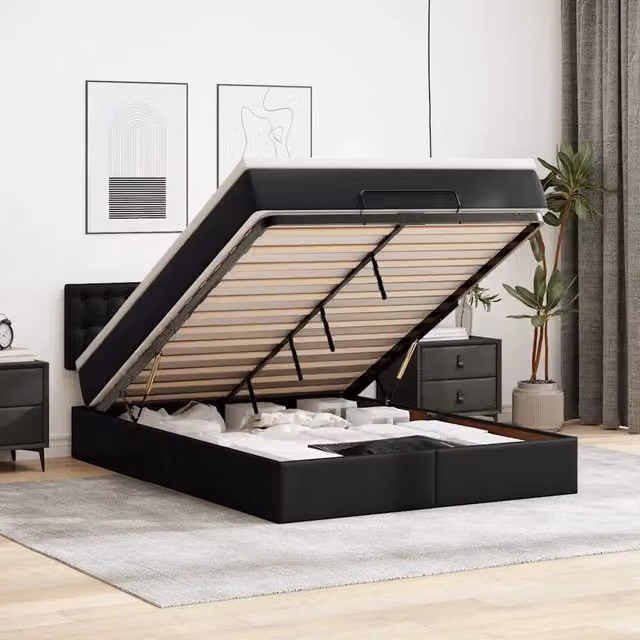 Struttura Letto Pouf con Materasso Nero 140x190 cm Similpelle 3311303