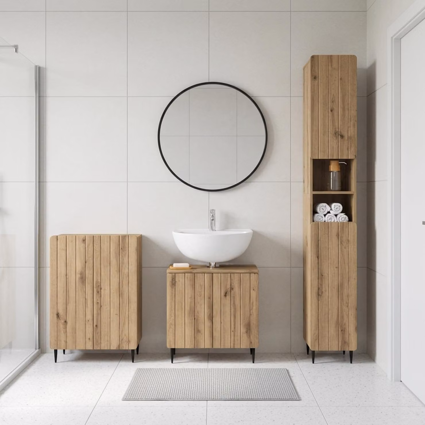 Set di armadietti da bagno moderni vidaXL ZWOLLE in 3 pezzi, Rovere Marrone con mobile lavabo e pensili