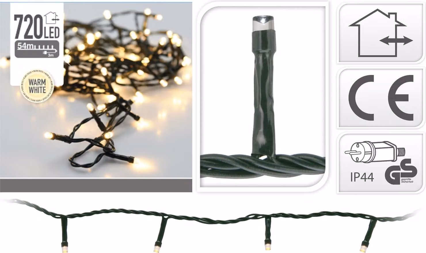 Catena luminosa a LED, 720 LED, bianco caldo, 230V, IP44, interno/esterno, verde