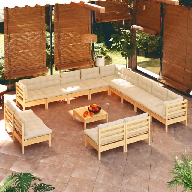 Set di divani da giardino vidaXL a forma di U in legno massello di pino con cuscini beige, 14 pezzi
