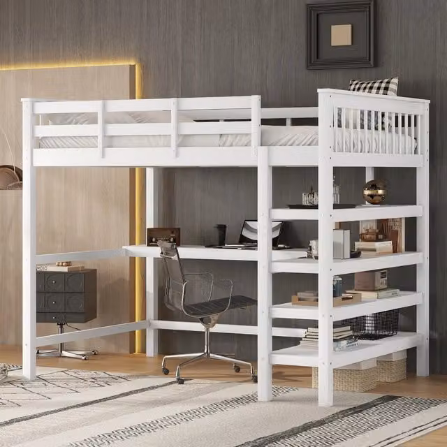 Letto a soppalco 140x200 cm con scaffali, scrivania sottostante e sponde di sicurezza, legno di pino e MDF, bianco, senza materasso