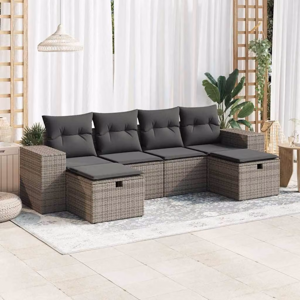 Set Divano da Giardino vidaXL 6 pz a Forma a L con Cuscini Grigio in Polyrattan e Acciaio