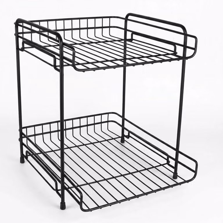 Ripiano per cucina, piano di lavoro, 2 livelli, acciaio nero, 30x29,5x25 cm